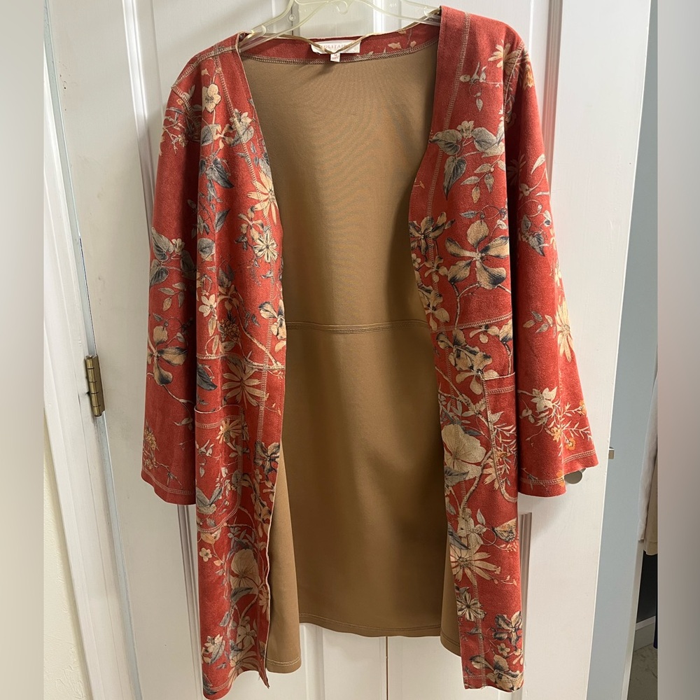 Solitaire Size M- Floral Open Front Rust Red Cardigan/Frock